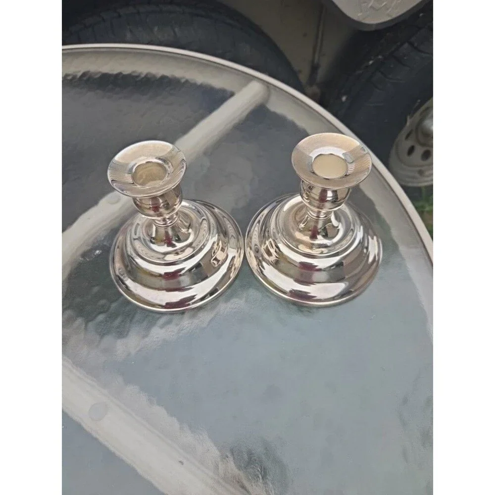 VTG Silver Plated Candlestick Holders Pair Round Base 4.5 Inch Taper